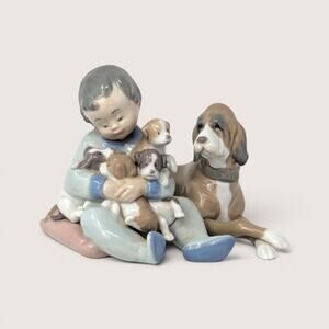 1987 Lladro New Playmate Porcelain Boy with Puppies Figurine
